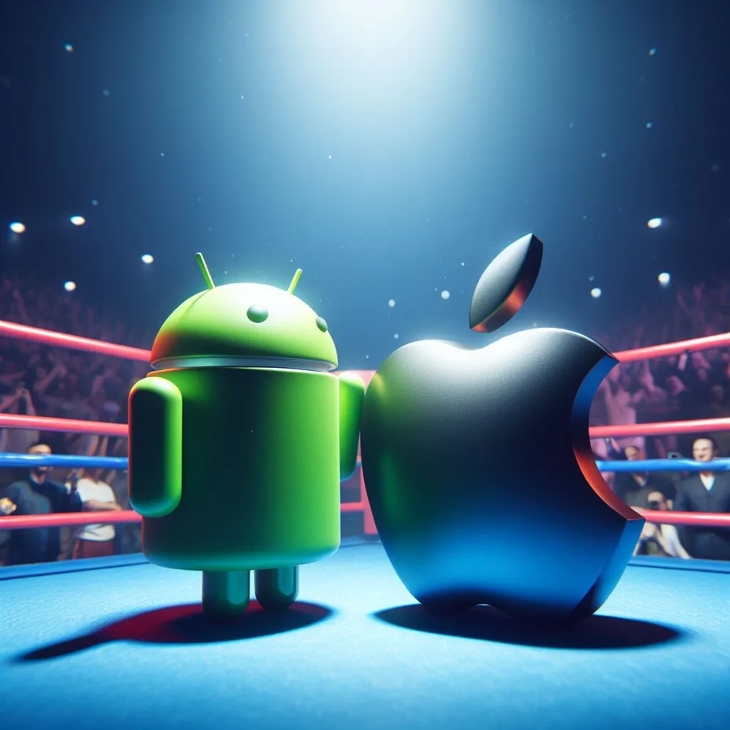 Het Android en Apple logo in een boksarena, digitale kunst