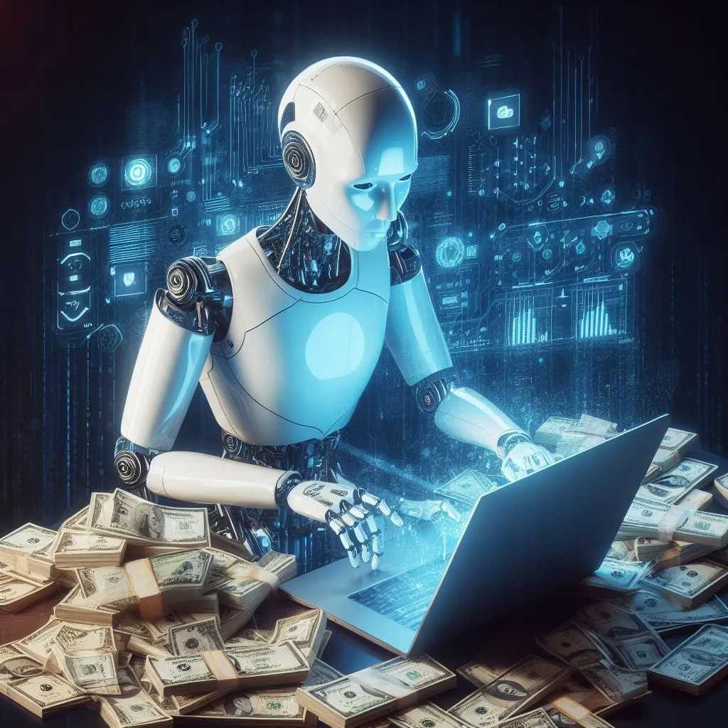 Ein humanoider Roboter entwickelt eine App mit einem Laptop, umgeben von Geldbündeln, digitaler Kunst