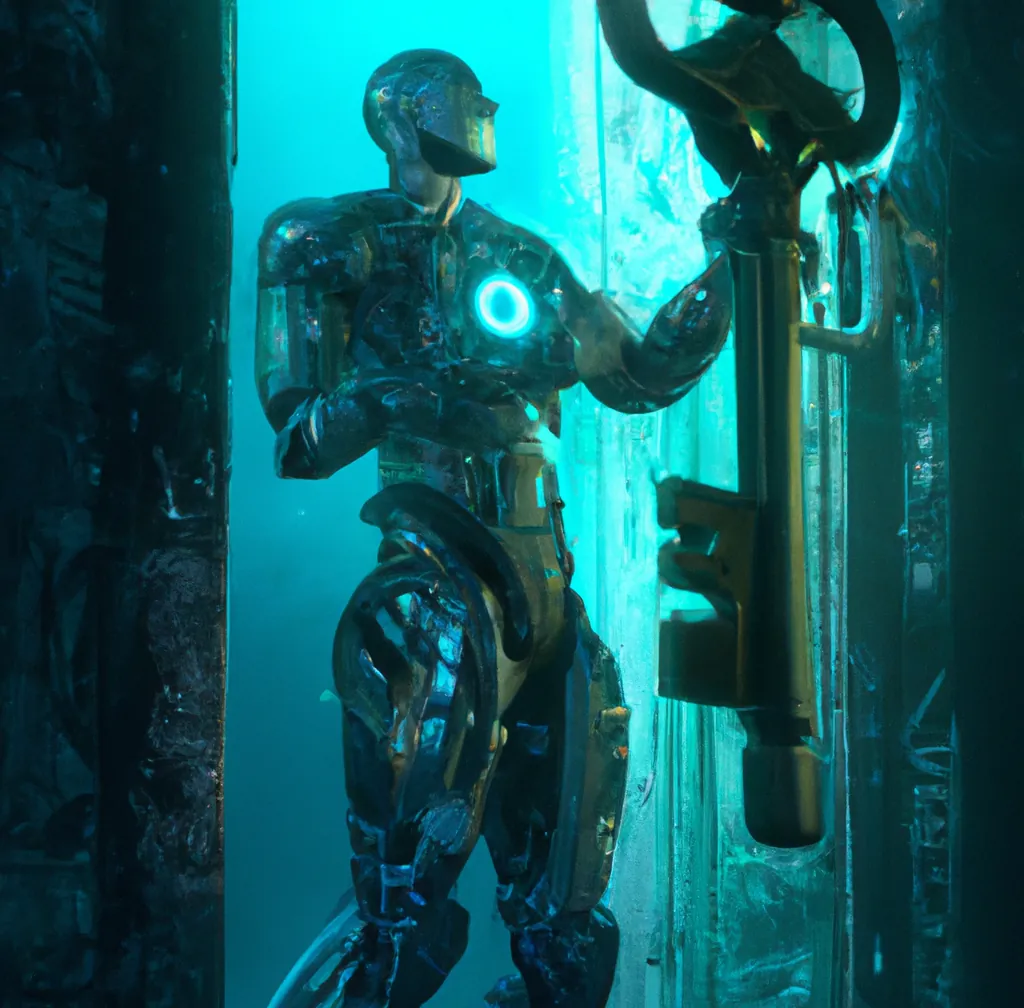 Un robot humanoide abriendo la puerta de una bóveda con una llave grande, arte digital