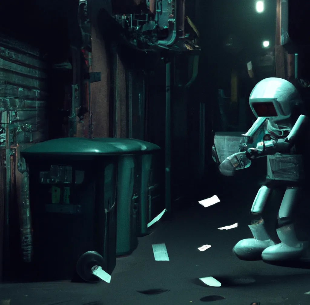 Um robô humanoide adorável jogando uma pilha de dados em uma lata de lixo em um beco sombrio, arte digital