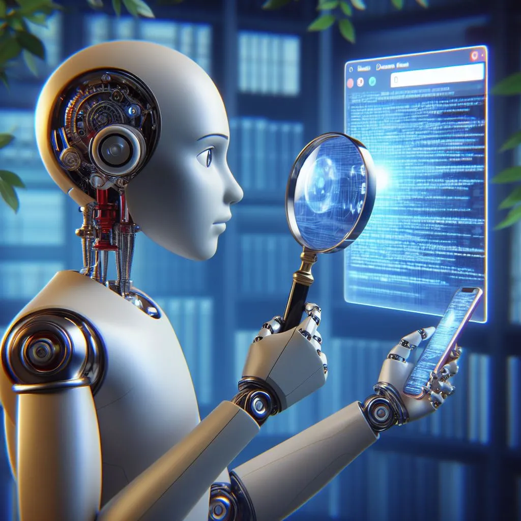 Um robô humanoide inspecionando um aplicativo e um navegador para encontrar diferenças, arte digital