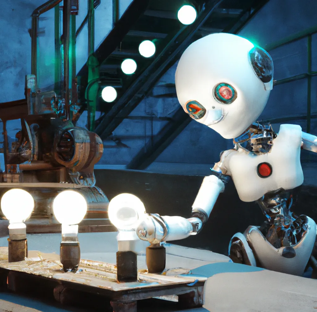 un robot che elabora un nastro trasportatore di lampadine, arte digitale