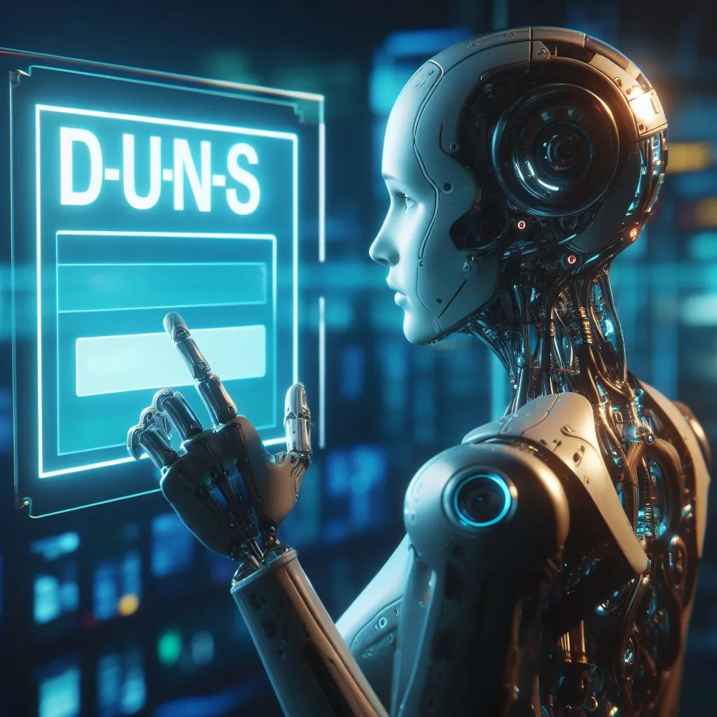 Un robot humanoïde demandant un numéro D-U-N-S, art numérique