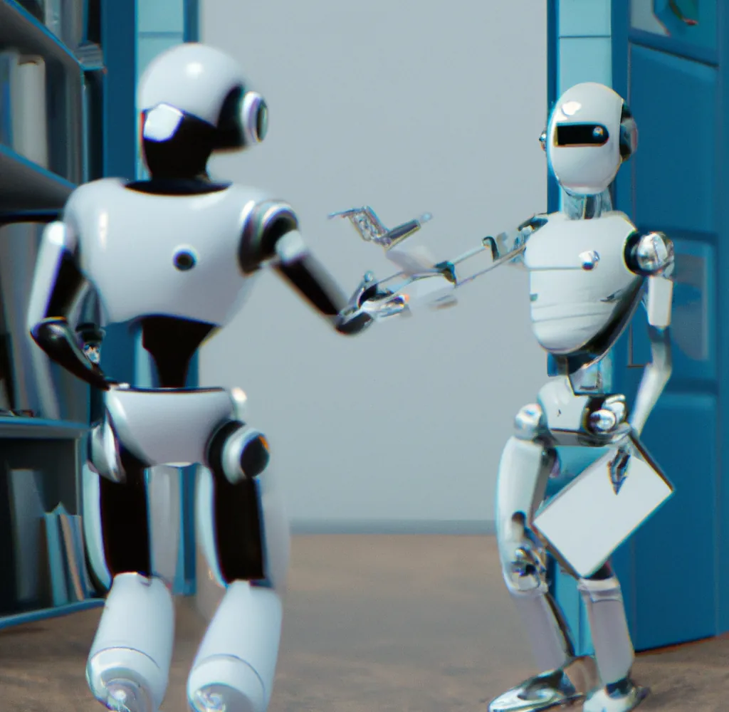 Um robô humanoide adorável recebendo outro robô em seu escritório de braços abertos, arte digital