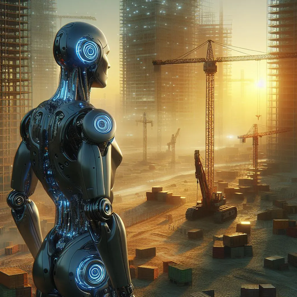 Een humanoïde robot kijkt naar een bouwplaats, digitale kunst