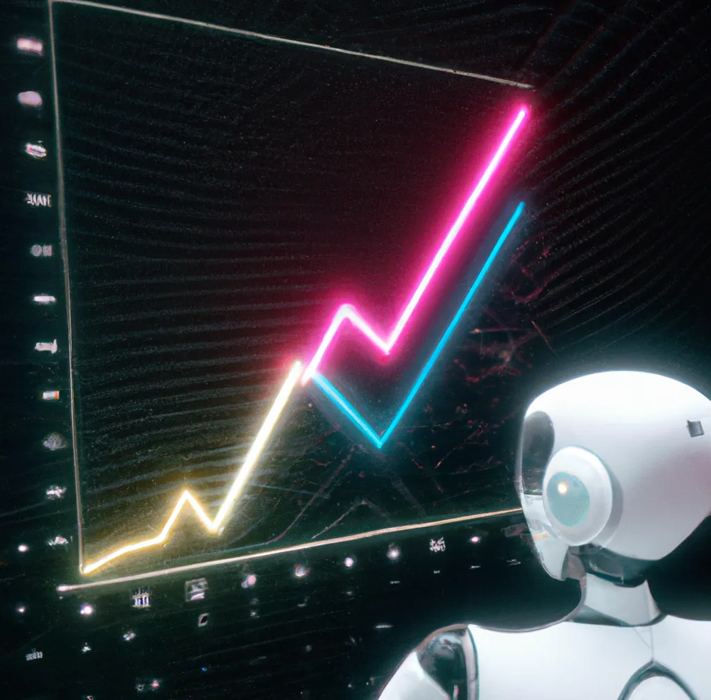 Un robot humanoïde regardant une courbe ascendante holographique dans un vaisseau spatial, art numérique
