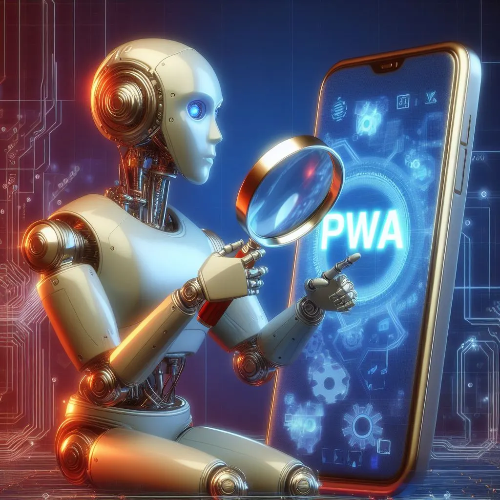 Um robô humanoide usando uma lupa para olhar um smartphone. O smartphone exibe as letras PWA nele, arte digital