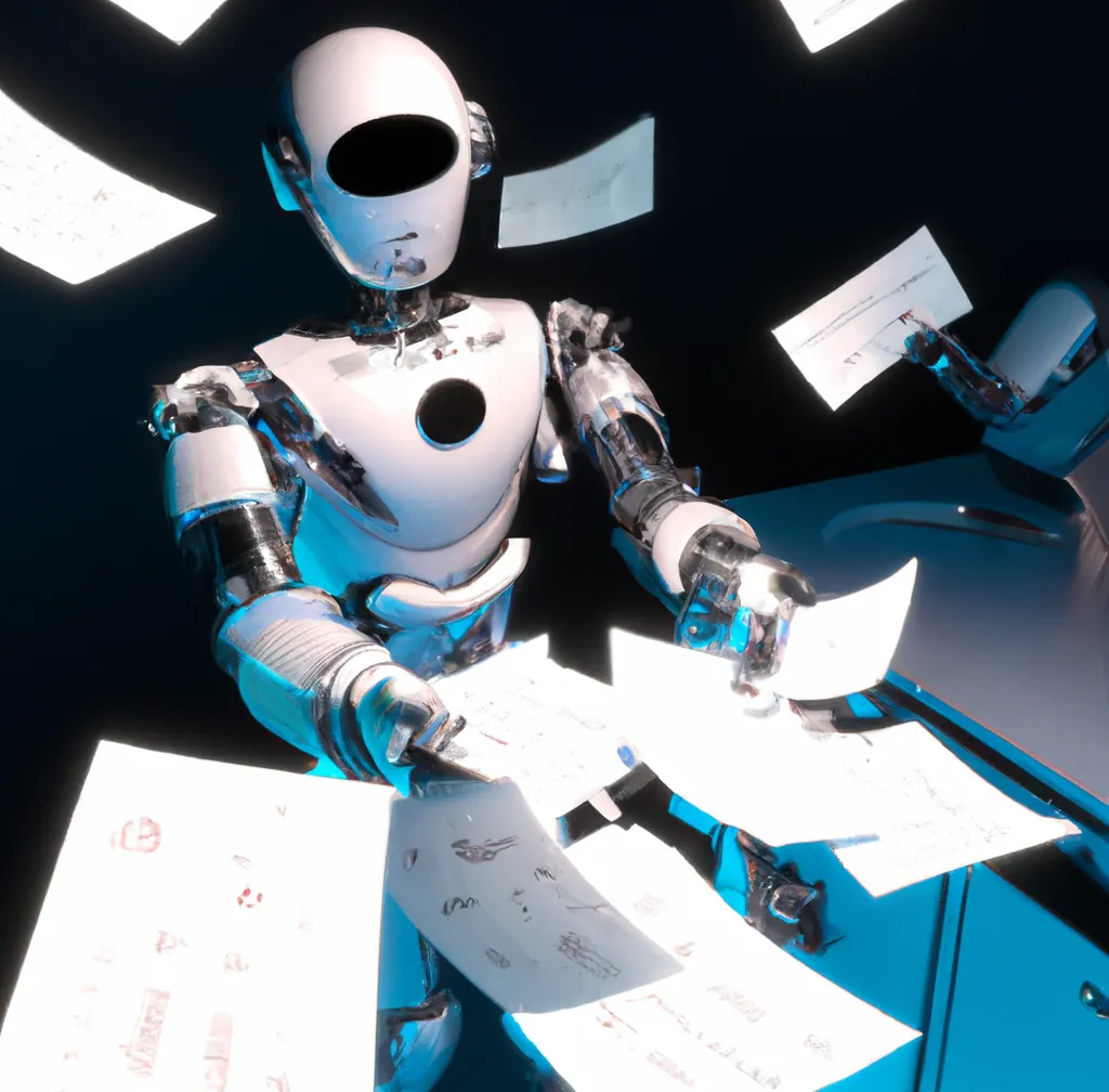 Um robô humanoide distribuindo vários panfletos em uma nave espacial, arte digital