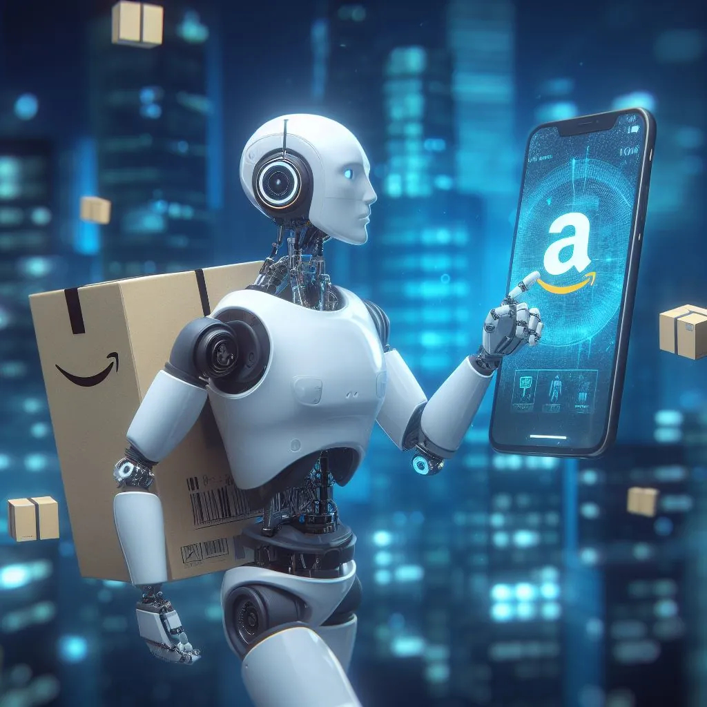 Een humanoïde robot die een app aflevert bij Amazon, digitale kunst