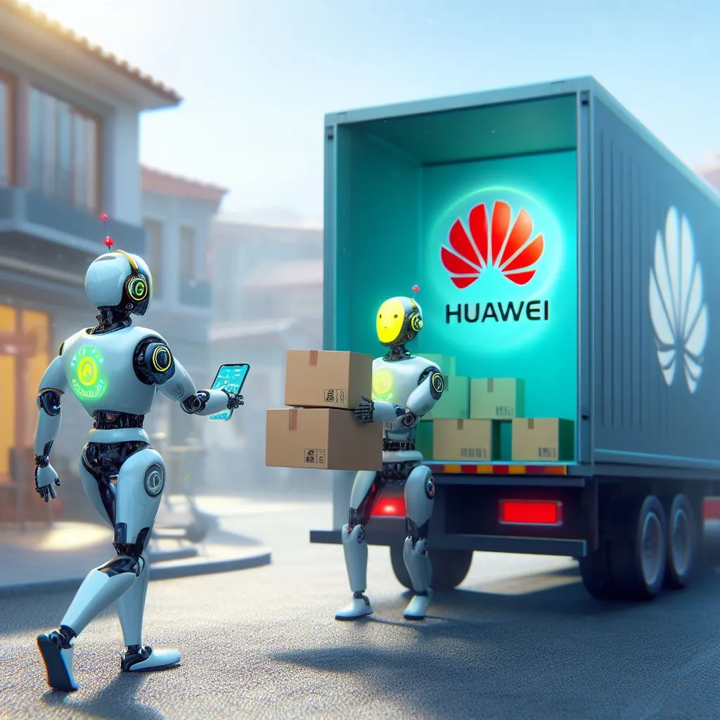 A humanoid robot delivering an app to Huawei, digital art