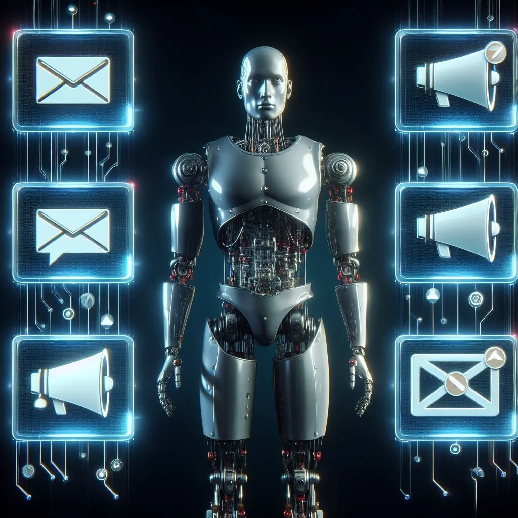 Um robô humanoide comparando diferentes métodos de envio de notificações push, arte digital
