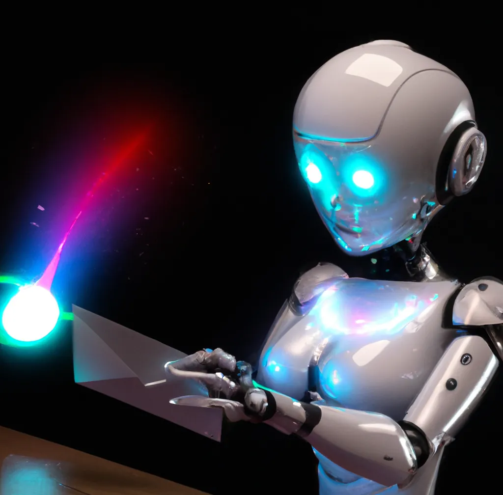 Ein humanoider Roboter erhält eine Benachrichtigung in einem Raumschiff, digitale Kunst