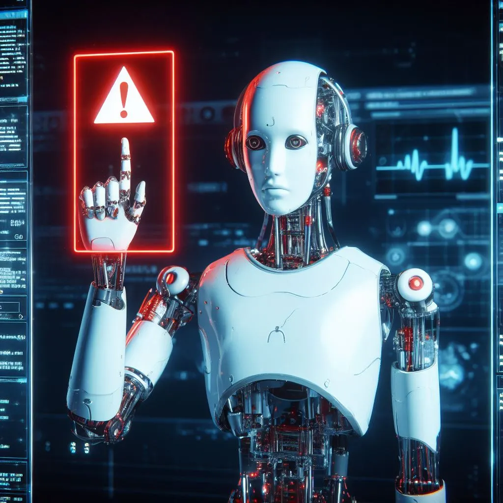 Een humanoïde robot die een fout meldt, digitale kunst