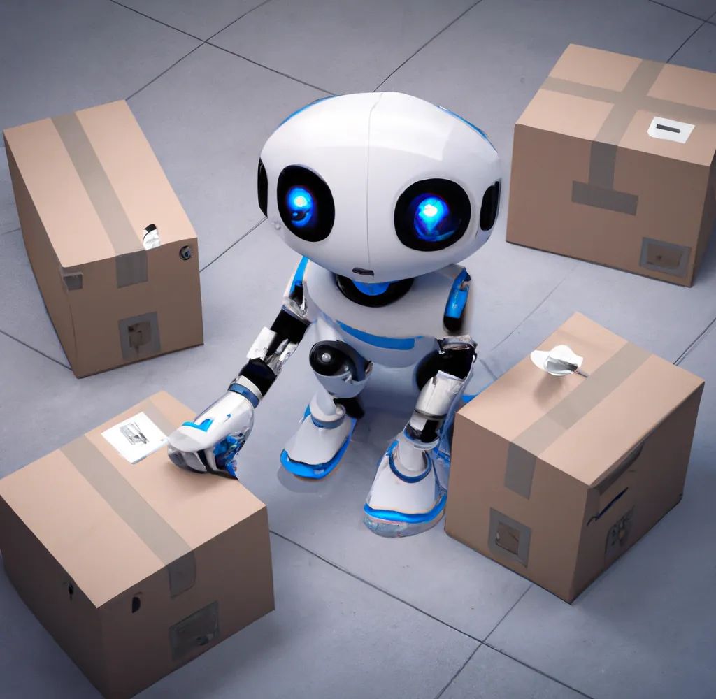 Um robô humanoide adorável de olhos azuis escuros selecionando entre três pacotes diferentes no chão de um escritório, arte digital