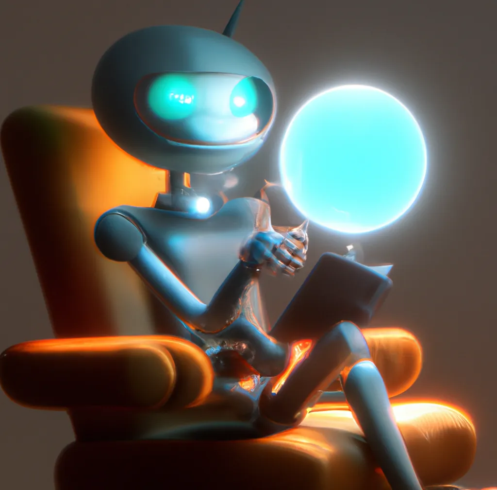 Un robot sentado en un cómodo sillón, mirando su dispositivo móvil con un orbe brillante que representa una notificación push flotando sobre él.