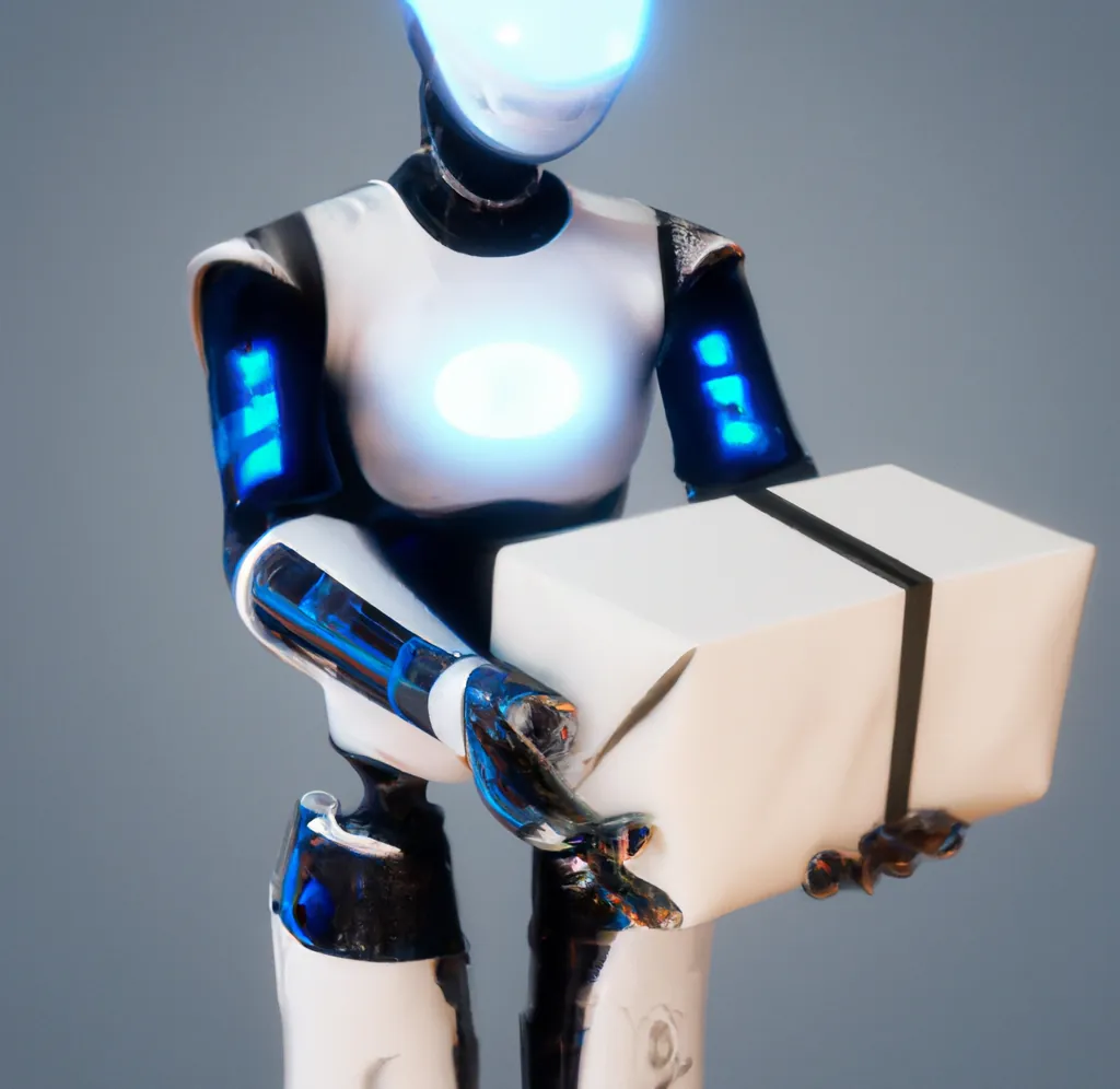 Um robô humanoide adorável entregando um pacote com um brilho azul, arte digital