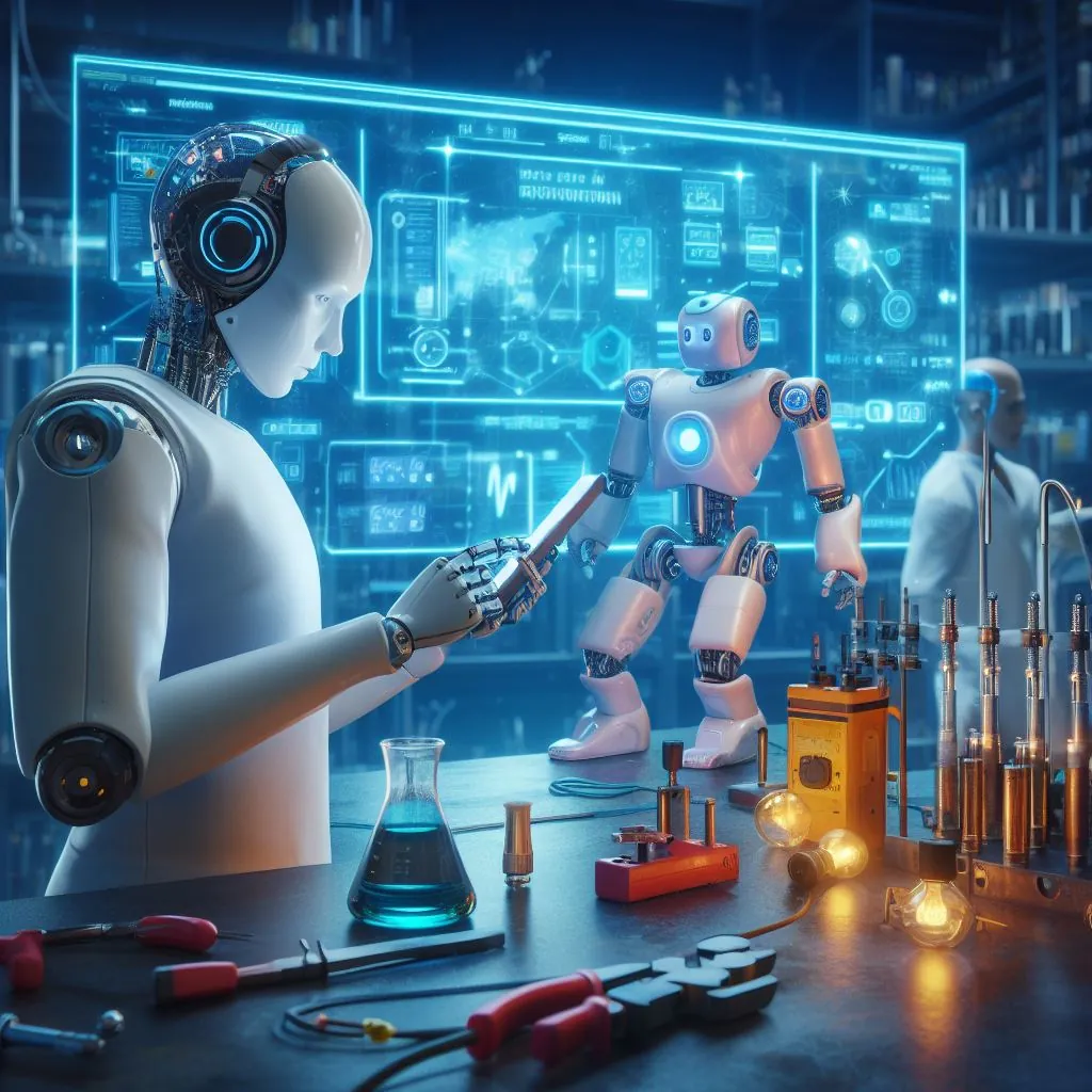 Um robô humanoide testando um aplicativo em um laboratório químico com béqueres ao redor, arte digital
