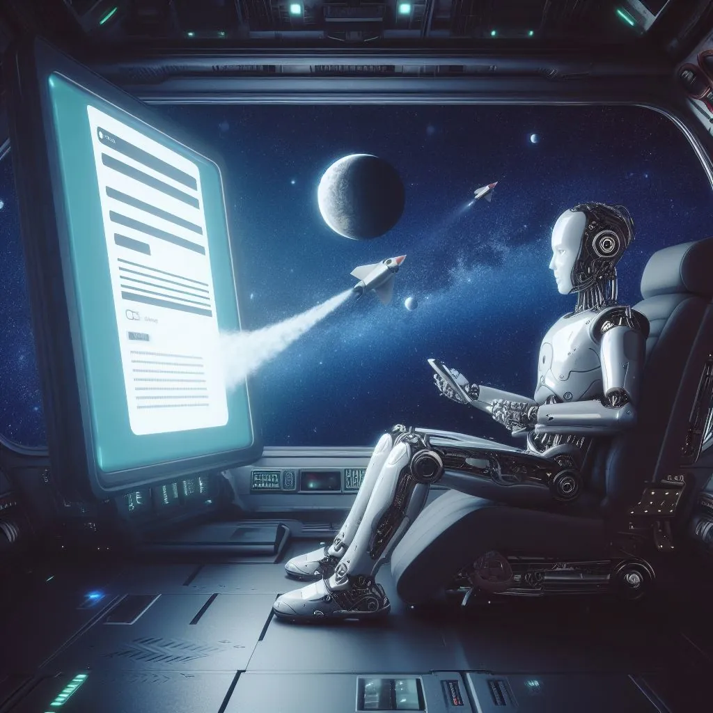 Ein humanoider Roboter, der in einem Raumschiff eine Website in eine App umwandelt, digitale Kunst