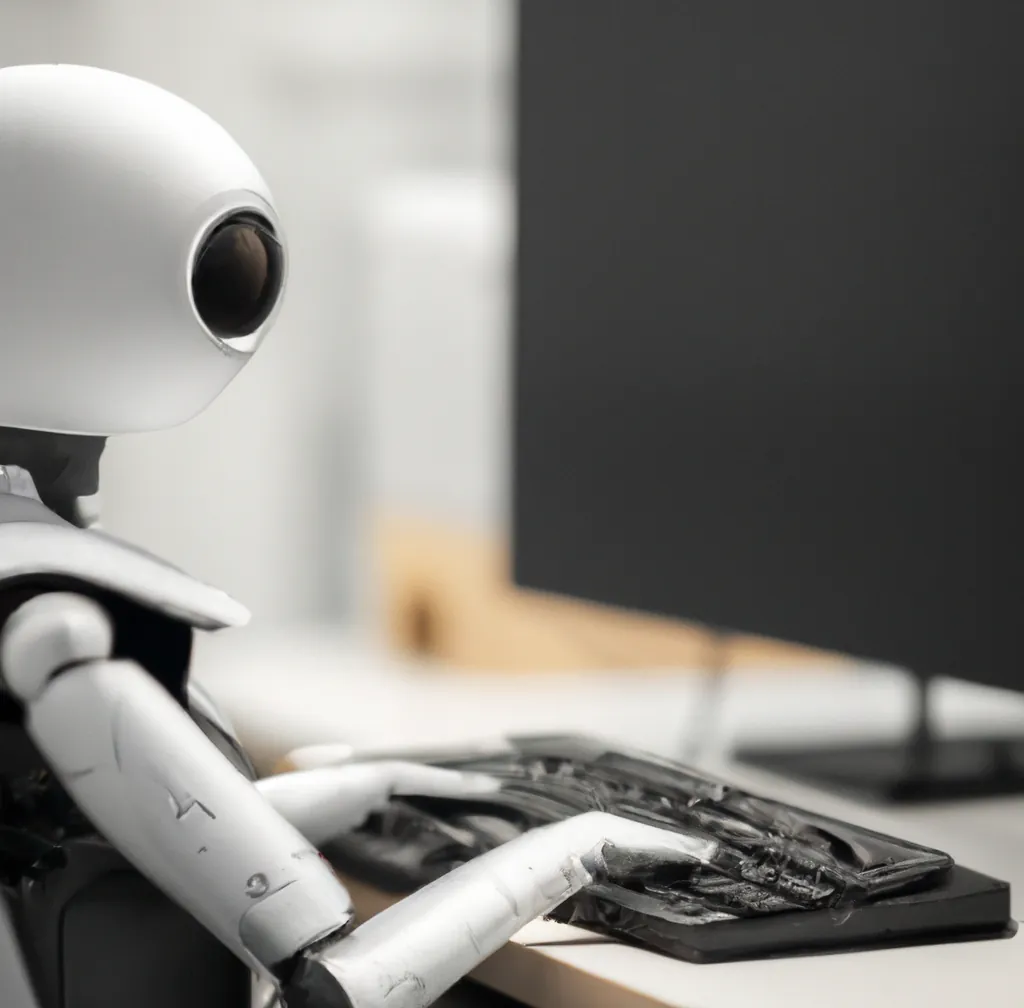 Een schattige humanoïde robot typt op een toetsenbord in een goed verlichte kantoorruimte. Links achteraan gezien, digitale kunst
