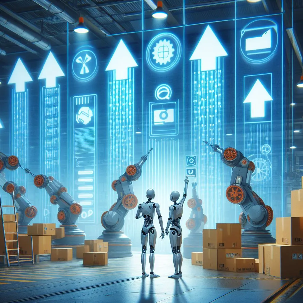 Robôs humanoides atualizando aplicativos em uma fábrica com setas apontando para cima ao fundo, arte digital