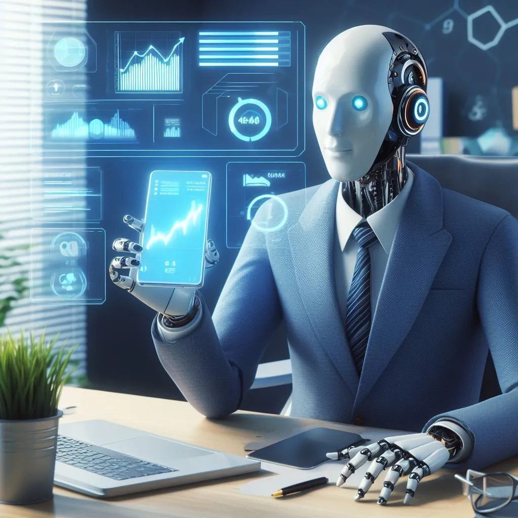Un robot humanoïde vendant une application dans son bureau, art numérique