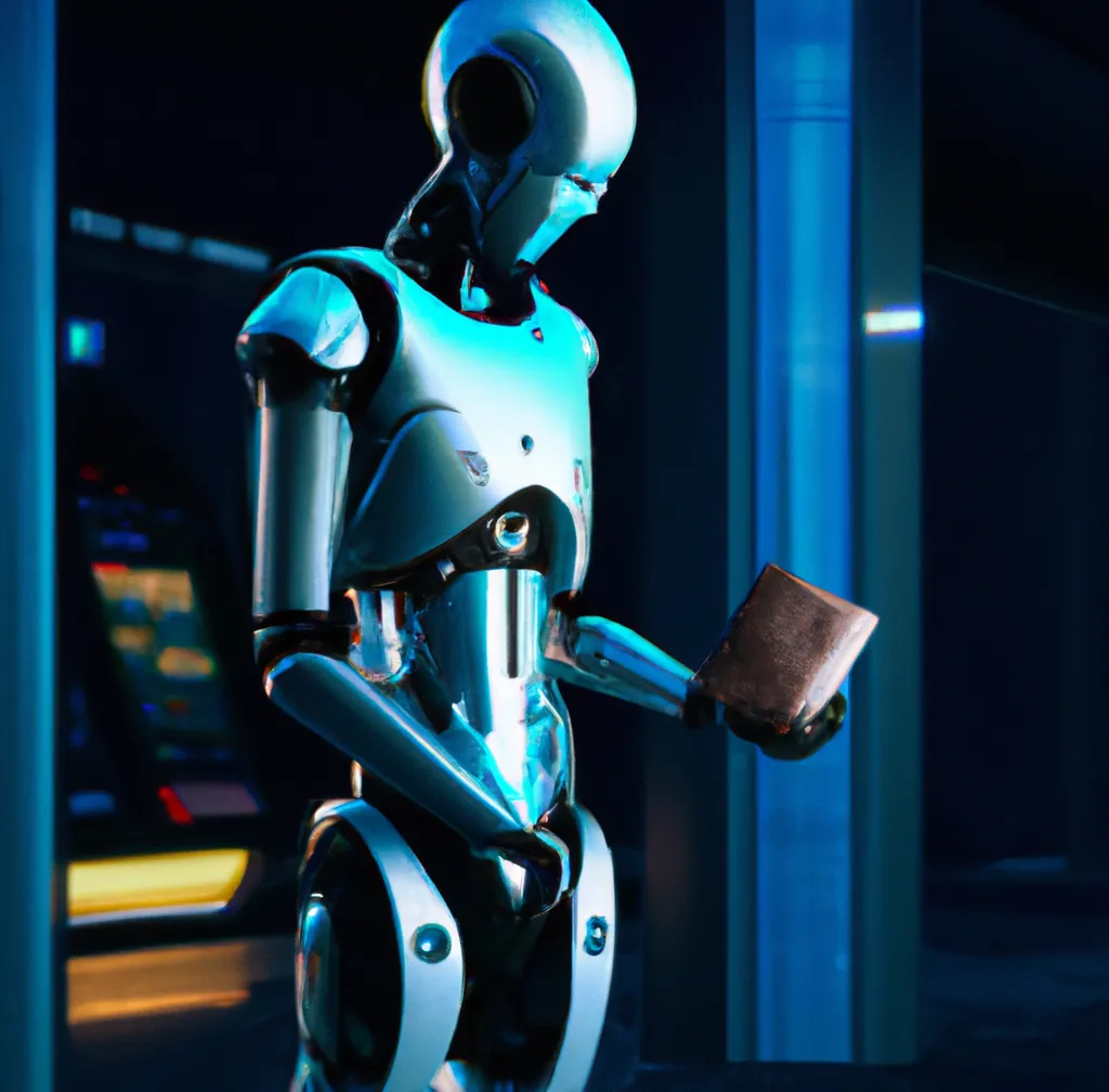 Ein humanoider Roboter, der in einer futuristischen Umgebung in seine Brieftasche schaut, digitale Kunst