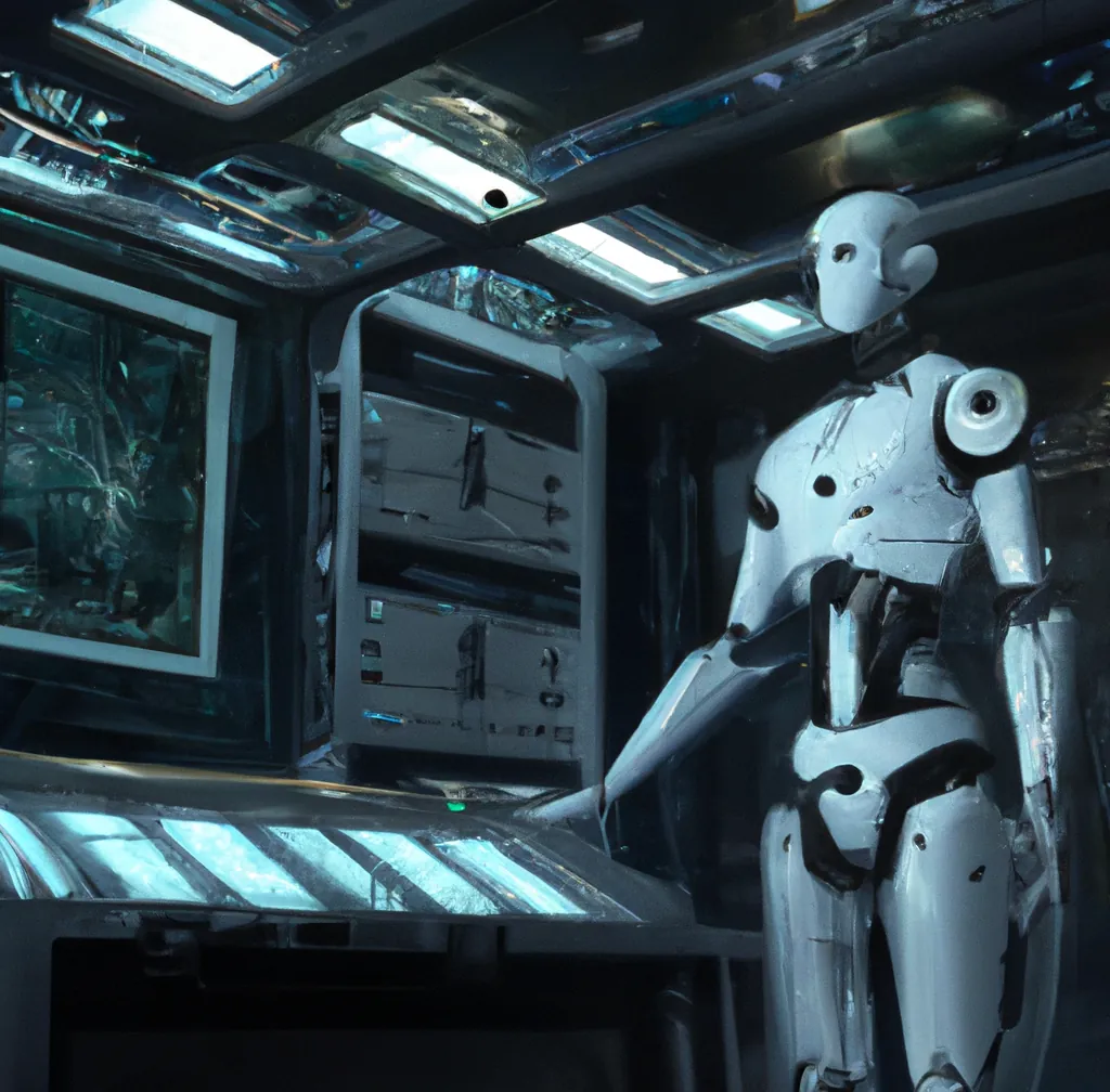 Ein humanoider Roboter mit einem großen Bedienfeld in einem Raumschiff, digitale Kunst