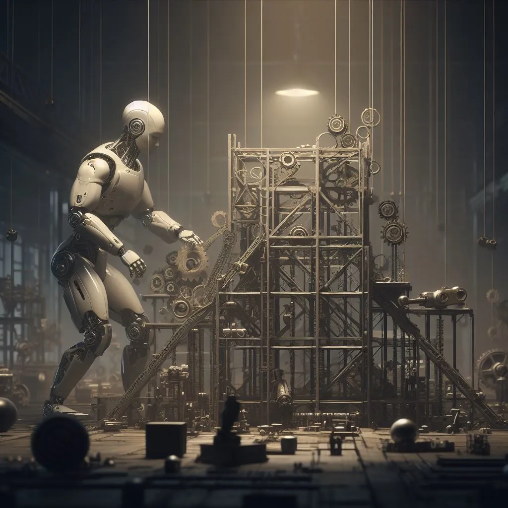 Ein humanoider Roboter baut eine Rube-Goldberg-Maschine in einer düsteren Lagerhalle, digitale Kunst