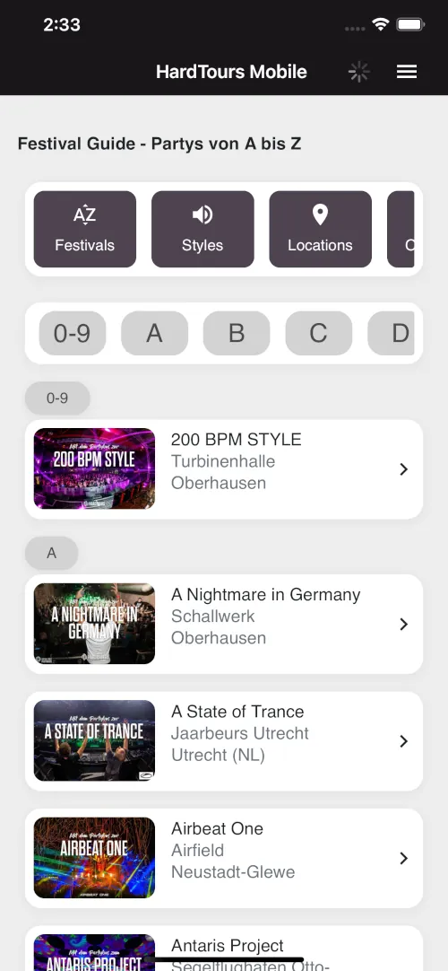 Ein Screenshot der mobilen App von Hardtours, die durch die Umwandlung ihrer Webseite in eine App erstellt wurde