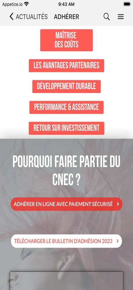 Een schermafbeelding van de mobiele app van Le CNEC, gemaakt door hun website om te zetten in een app