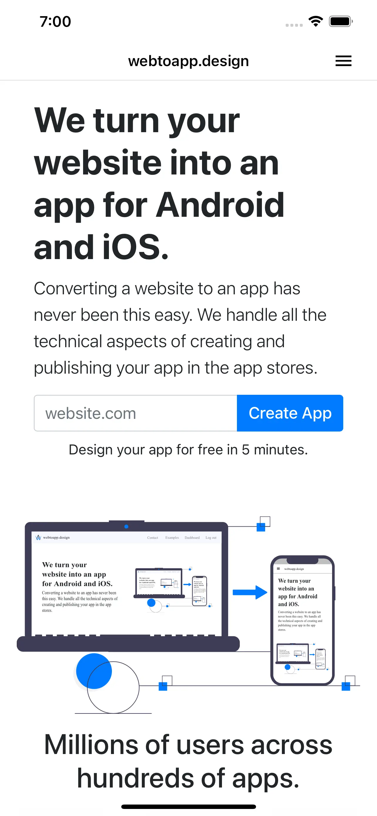Una captura de pantalla de la app móvil de webtoapp.design creada al convertir su sitio web en una app