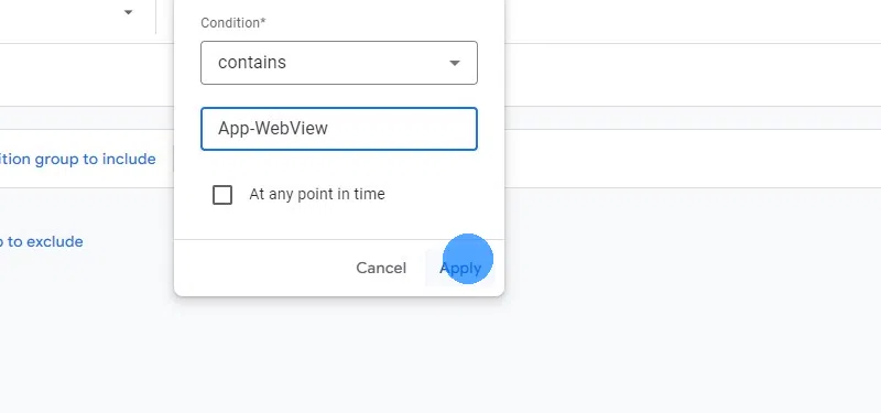 Définissez le filtre à "contains (contient)" "App-WebView"