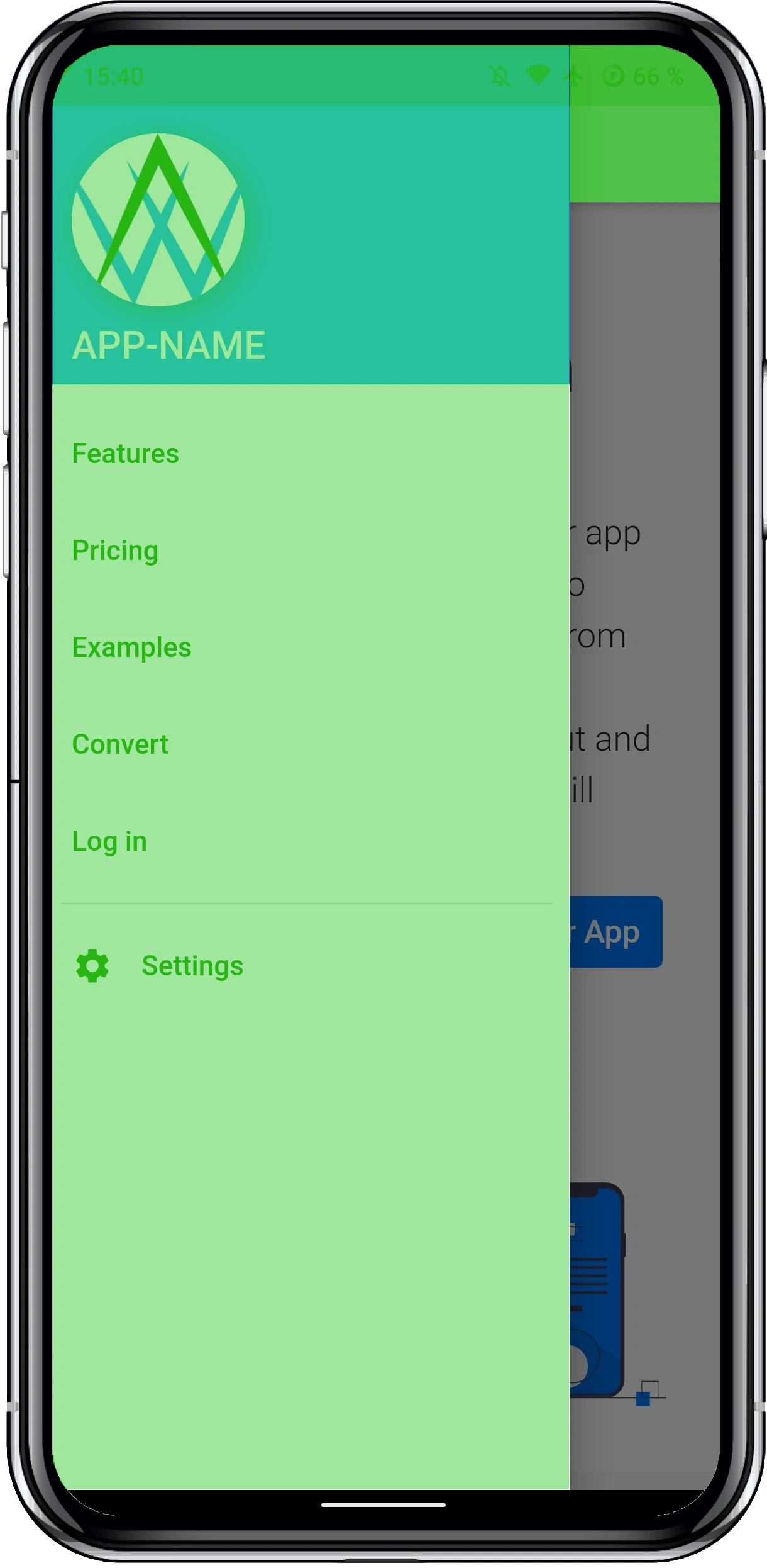 Uma captura de tela do nosso aplicativo com o layout 'menu lateral'.