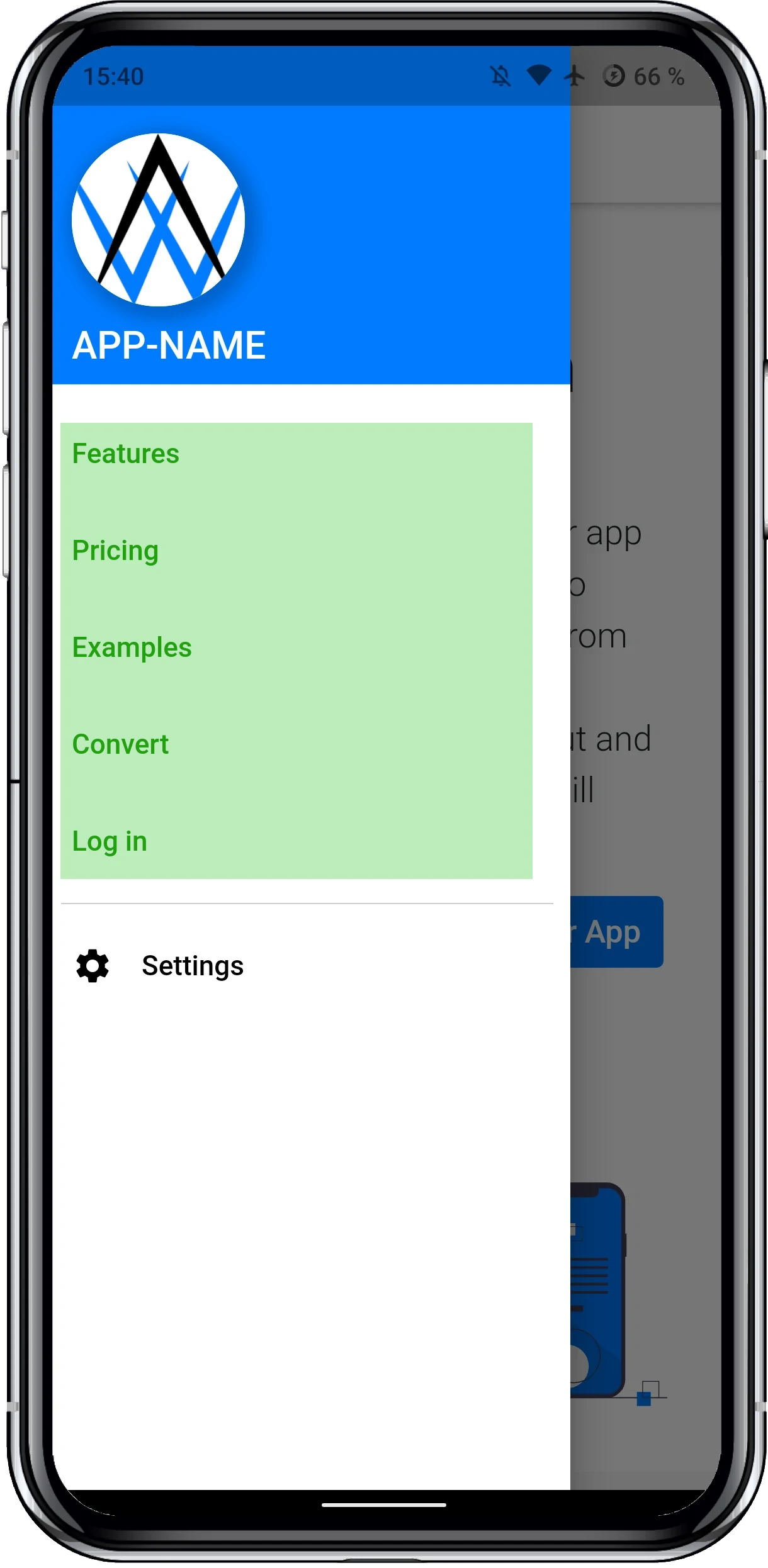 Uno screenshot della nostra app con il menu drawer aperto.